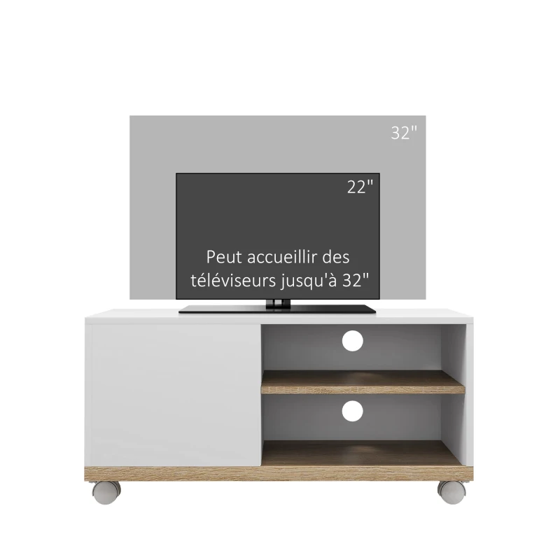 HOMCOM Meuble TV sur roulettes avec 2 Freins - 2 niches + Placard Porte 2 Passe-Fil - en bois Blanc chêne Clair