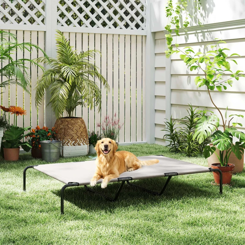 PawHut Cama Exterior para Cão Cama Elevada para Cães Grandes com Estrutura de Aço Tecido de Malha Respirável 152x94x23 cm Bege