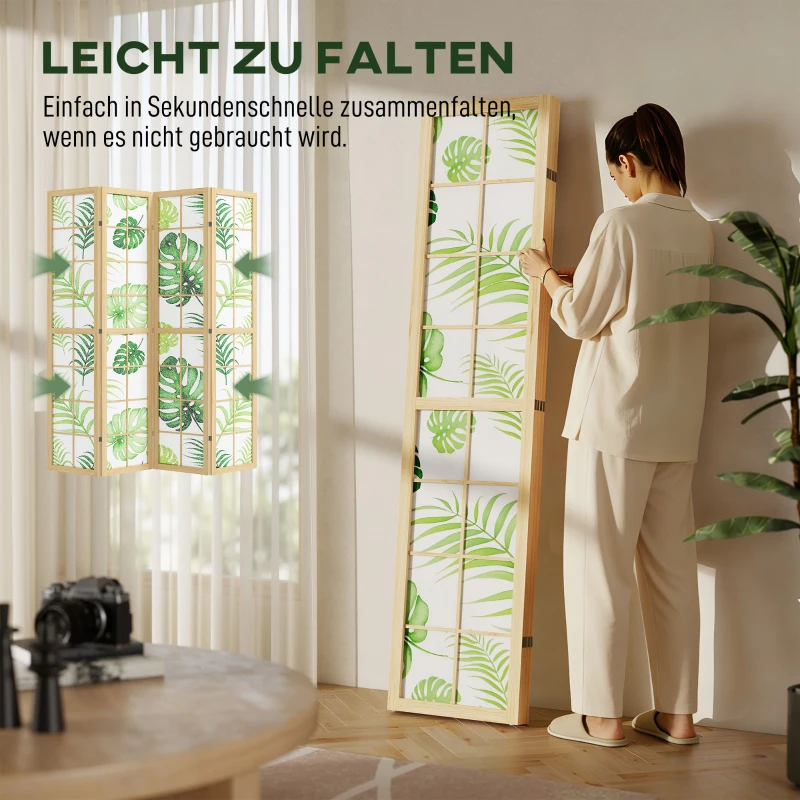 HOMCOM 4-teiliger Raumtrenner, faltbar, Boho-Design, tropisches Motiv, freistehender Raumteiler, Holzrahmen, Grün