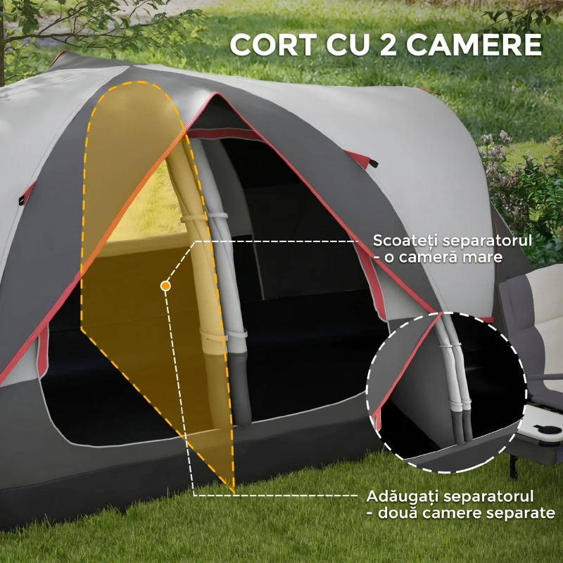 Outsunny Cort de Camping pentru 6 Persoane cu 2 Camere Separate, Poliester și Fibră de Sticlă, 450x215x180 cm, Gri