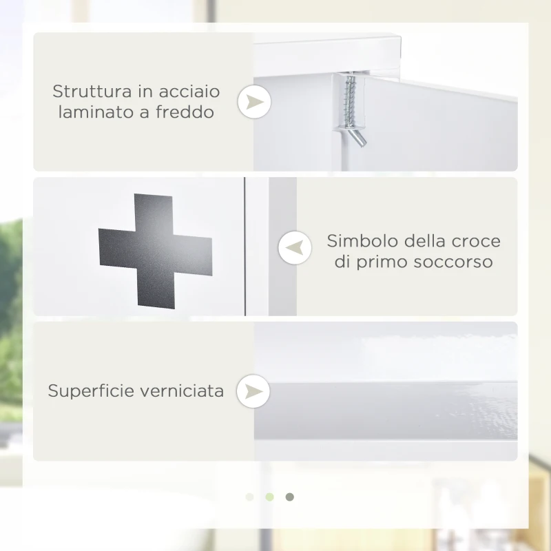 kleankin Armadietto Medicinali a 3 Ripiani con Porta Magnetica, in Acciaio, 30x12x60 cm, Bianco