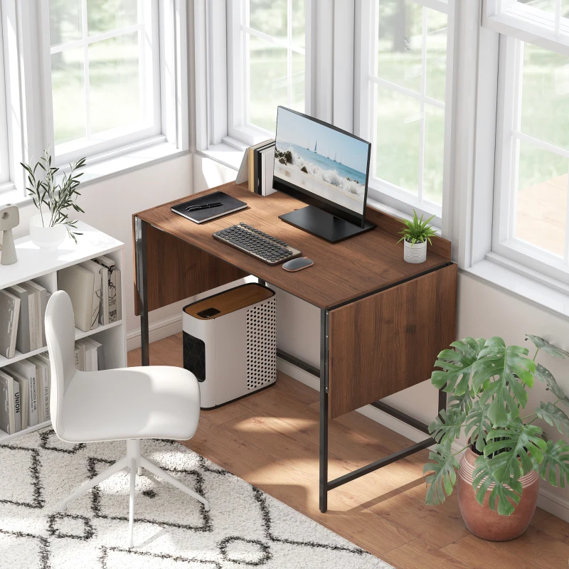 HOMCOM Bureau pliant table d'ordinateur 2 rabats pliables pour 2 écrans, pour chambre, petits espaces, 170 x 58 x 78 cm noyer