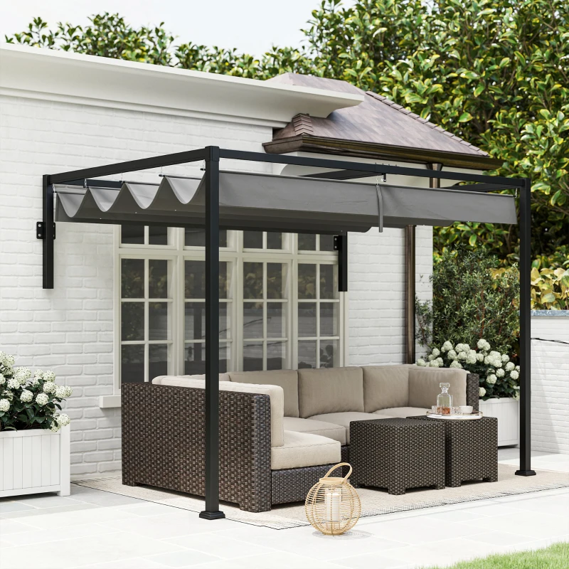 Outsunny Pérgola de Jardín de Pared 297x211x220 cm Cenador con Techo Retráctil y Marco de Acero para Patio Terraza Gris Oscuro