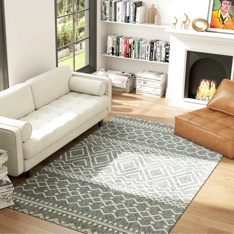 HOMCOM Teppich für drinnen und draußen, Boho-Design, leicht zu reinigen, Grau