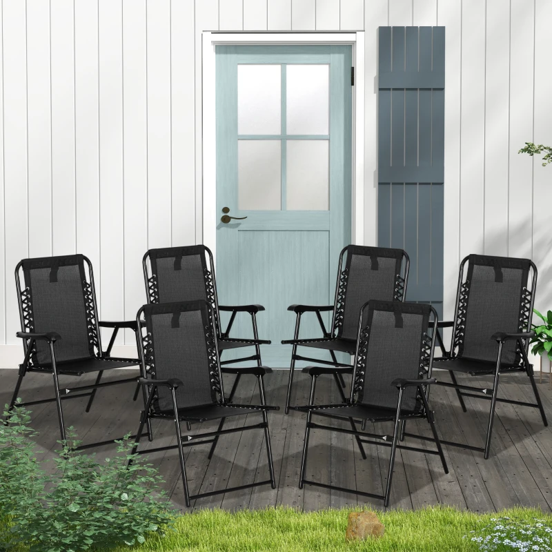 Outsunny 6 Pcs Patio Folding Chair Set, Outdoor Portable Loungers for Camping Pool Beach Deck, Lawn w/ Armrest Steel Frame Black