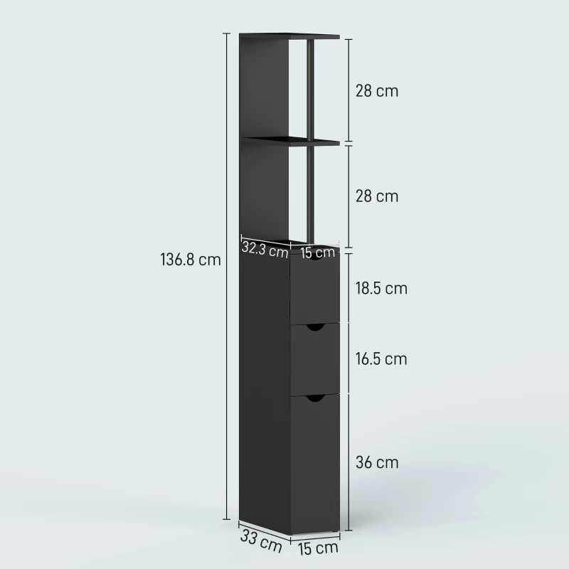 HOMCOM Mobile Colonna Salvaspazio in Legno con Ripiani, Armadietto e Cassetti, Nero, 15x33x136.8cm
