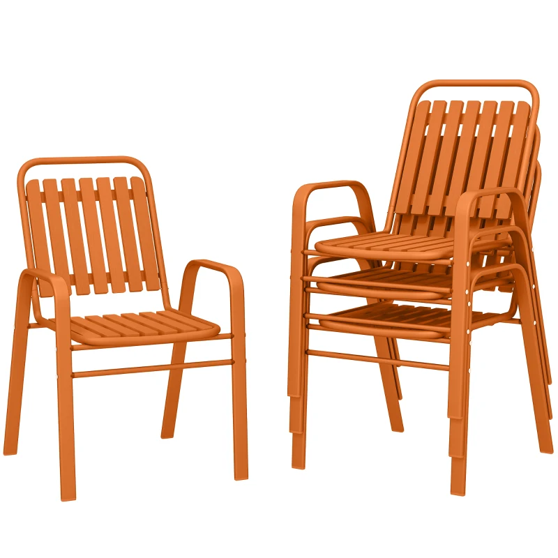 Outsunny Set de 4 Scaune de Grădină Stivuibile cu Spătar Înalt și Brațe, 56x66x91 cm, Maro Închis