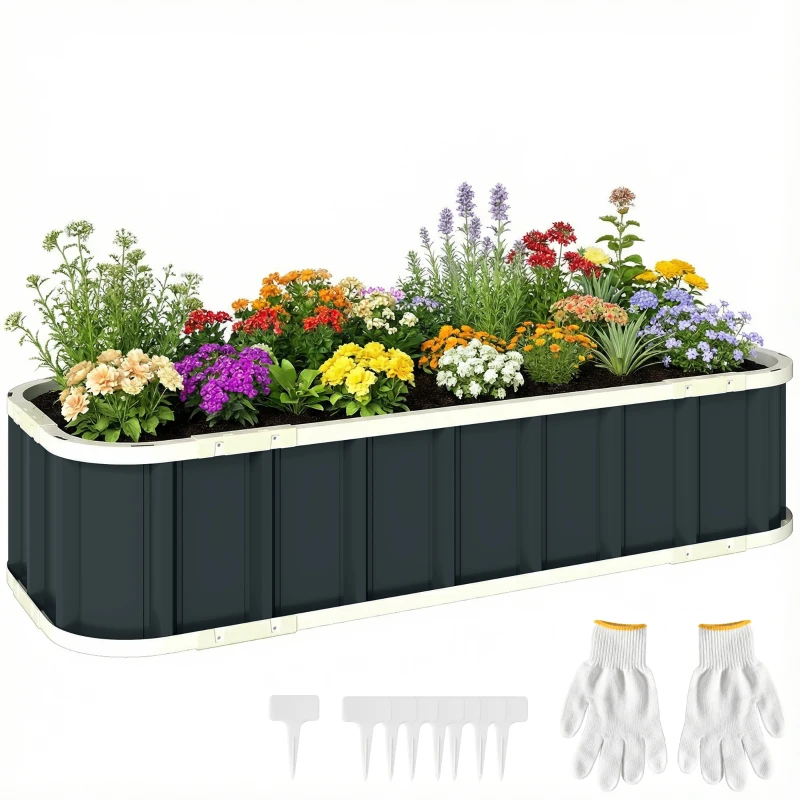 Outsunny Strat Ridicat pentru Grădină cu Bază Deschisă și Margini Pliate, din Oțel, 136x52x31 cm, Gri Închis