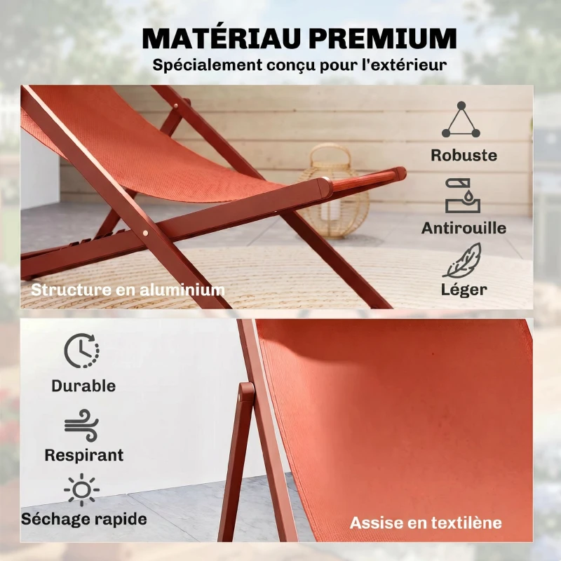 Outsunny Lot de 2 bain de soleil, chaise longue pliante avec appuie-tête en textilène inclinable 60 x 100 x 85 cm, rouge brique