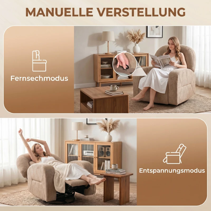 HOMCOM Relaxsessel, 360° Drehbarer Liegesessel mit Wolkenweichem Samtstoff, Breitem Sitz, für Wohnzimmer, Khaki