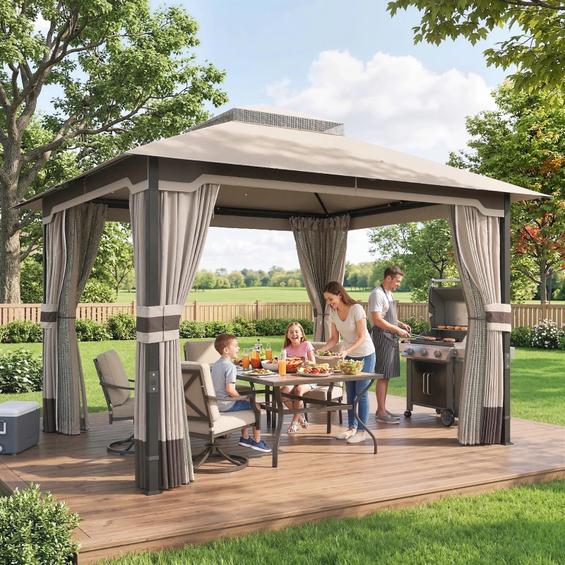 Outsunny Gazebo da Giardino 3x3.6 m con Doppio Tetto, Tende e Zanzariera, in Metallo e Poliestere Cachi