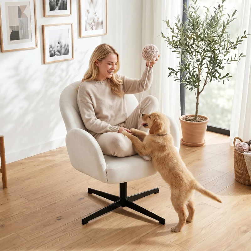 HOMCOM Sillón de Salón Giratorio Butaca de Salón Tapizada Terciopelo con Respaldo en Forma de Concha Cojín con Resortes Crema