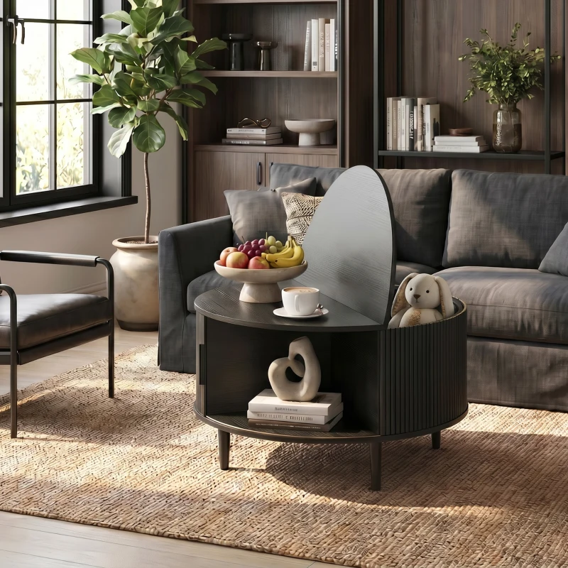 HOMCOM Coffee Table with Lift Top and Hidden Storage, Round Centre Table with Fluted Sliding Door, 80 cm, Black Wood Effect