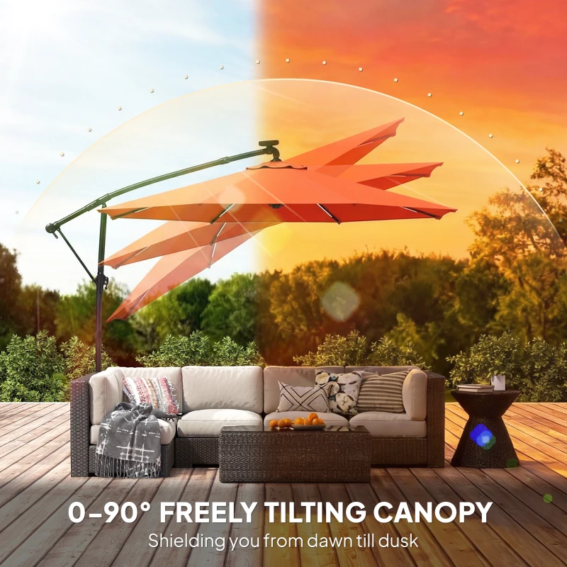 Outsunny 3 m Garden Cantilever Parasol with LED Solar Light, Round Overhanging Umbrella with 360° Rotation, Cover, Orange