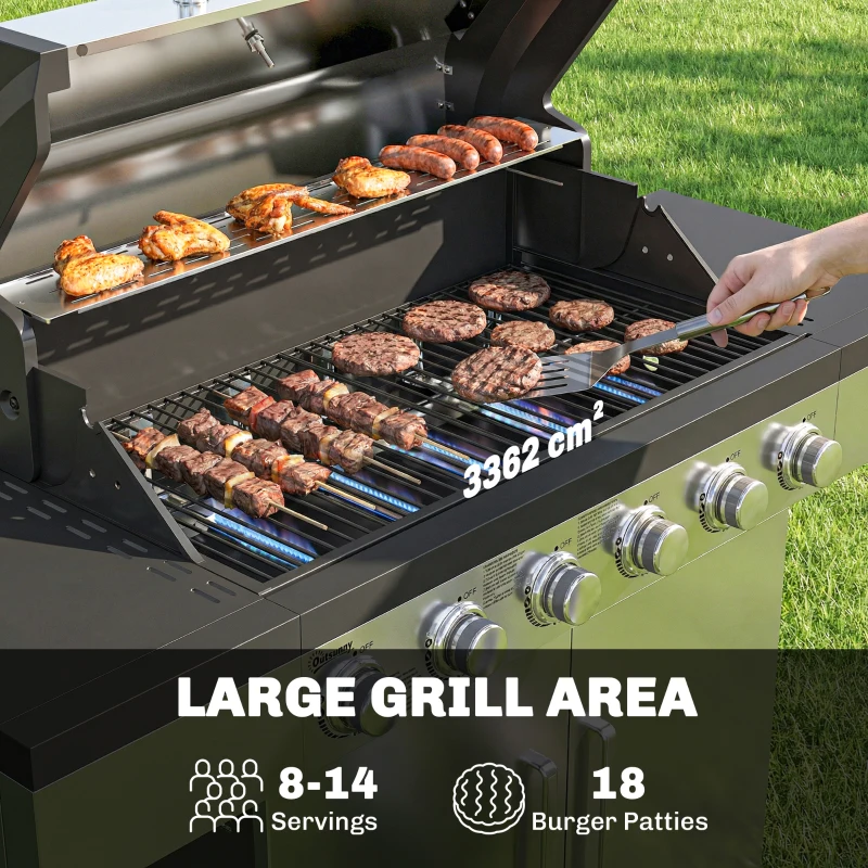 Outsunny 6 Burner Liquid Propane Gas BBQ Grill, Outdoor Portable Gas Barbecue Grill with Warming Rack, Side Tables, Cabinet