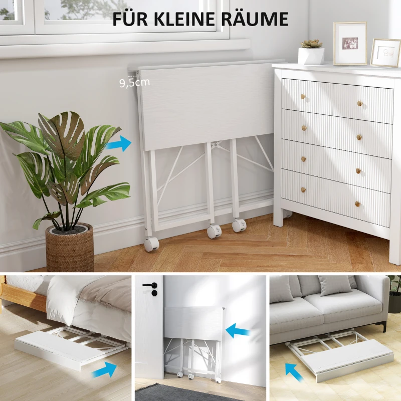 HOMCOM Schreibtisch mit Rollen Faltbarer Bürotisch mit Stahlgestell für Arbeitszimmer Schlafzimmer 80 x 40 x 75 cm Weiß