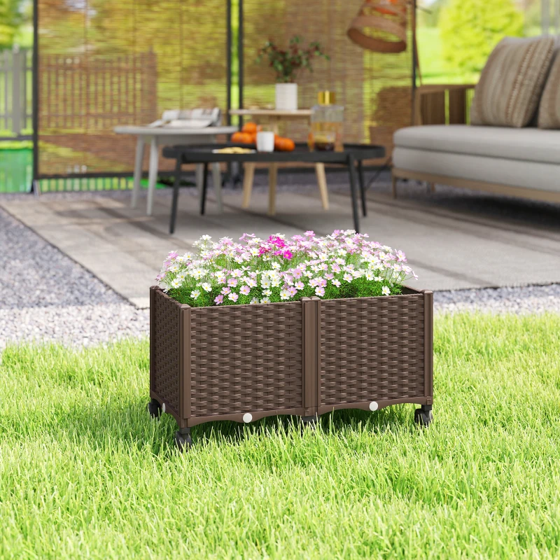 Outsunny Fioriera Rialzata da 85L con Ruote Bloccabili, Autoirrigazione e Fori di Drenaggio, Marrone