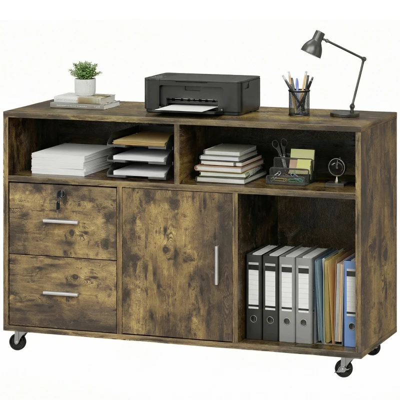 HOMCOM Mobile Porta Stampante a Rotelle con 2 Cassetti, 3 Ripiani e 2 Armadietti, in Legno, 100x35x65 cm, Marrone