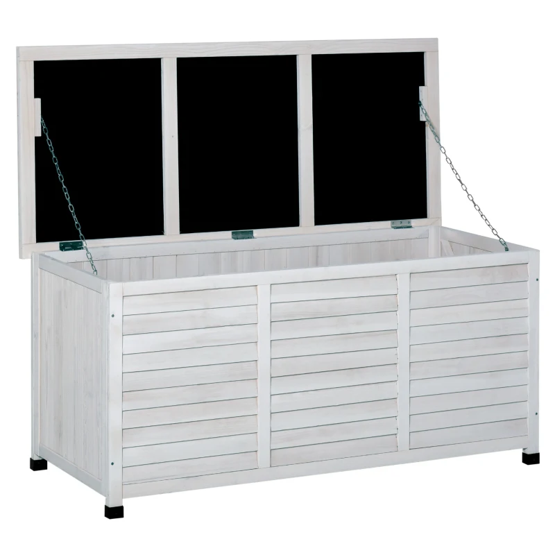 Outsunny Coffre de rangement extérieur malle de rangement en bois 283L 2 chaînes 127 x 56 x 60 cm blanc