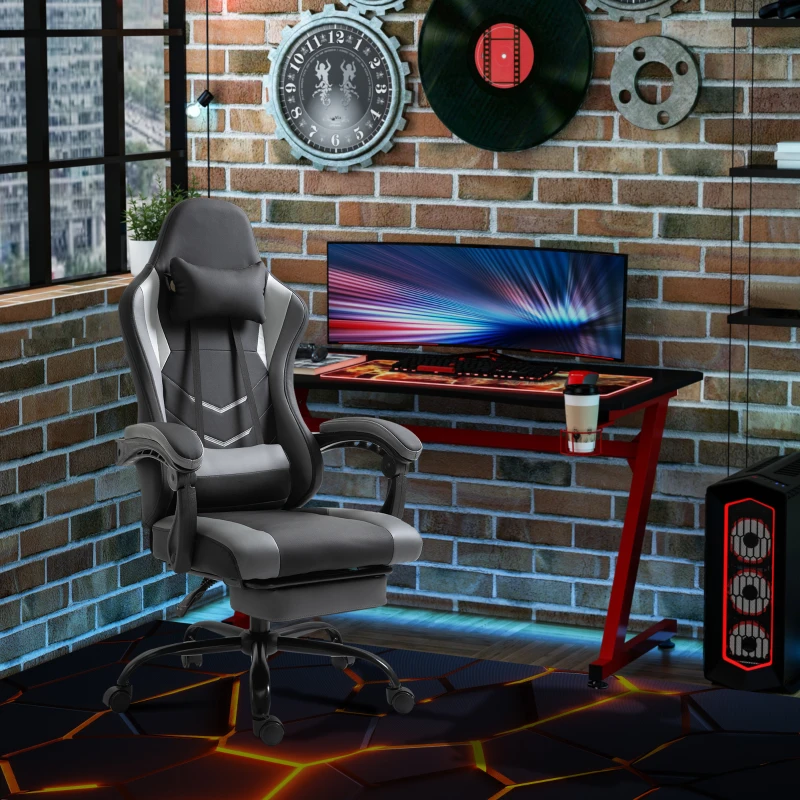 Vinsetto Cadeira Gamer Ergonômica Cadeira de Escritório para Secretária Cadeira Giratória Altura Ajustável Almofada Lombar Ajustável com Apoio de Pés 62x52x128 cm Preto