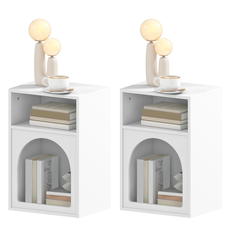 HOMCOM Lot de 2 tables de chevet, table de nuit avec compartiments ouverts, design arqué, 40 x 30 x 60 cm, blanc