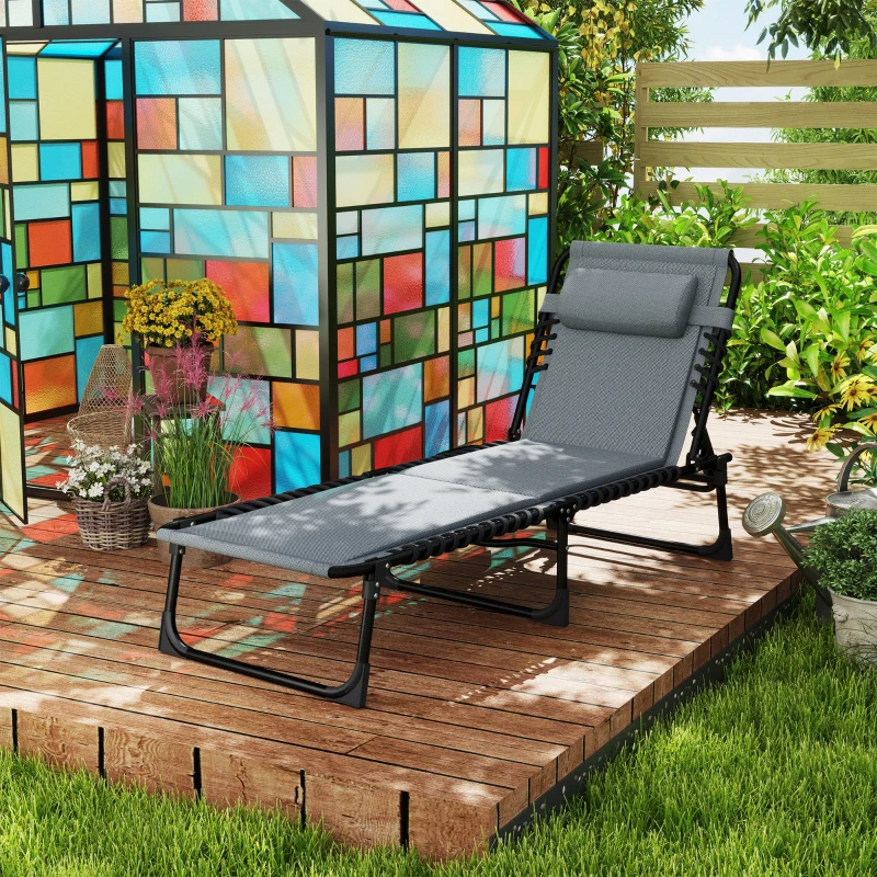 Outsunny Liegestuhl, Sonnenliege mit Polsterung und Seitentasche, Gartenliege, Pool-Liege, Polsterliege, Grau