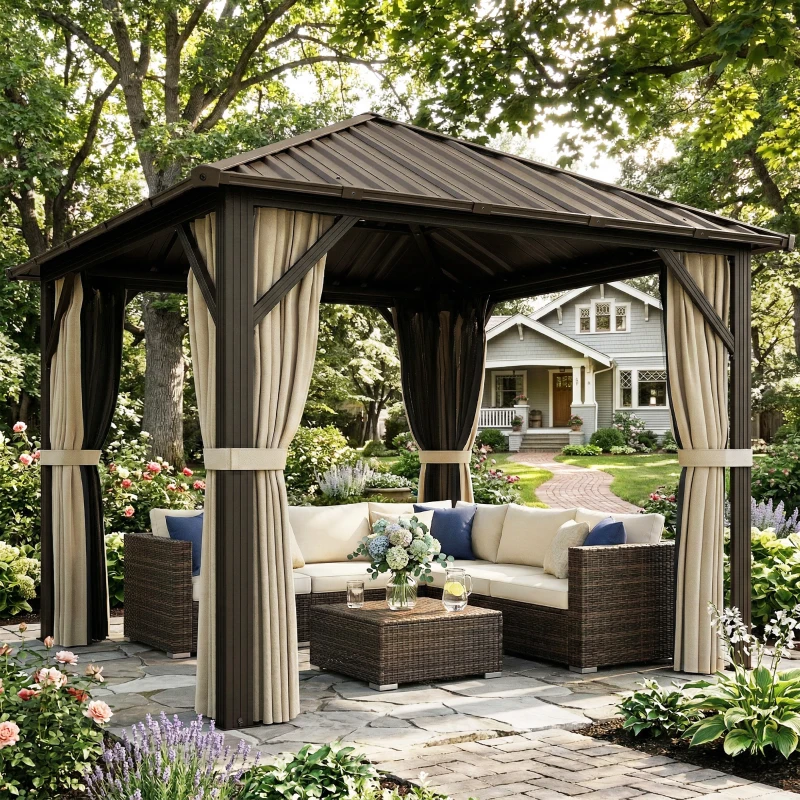 Outsunny Gartenpavillon ca. 3 x 3 m Aluminium Pavillon mit Stahldach Hardtop Moskitonetz 4 Seitenteile, UPF50+