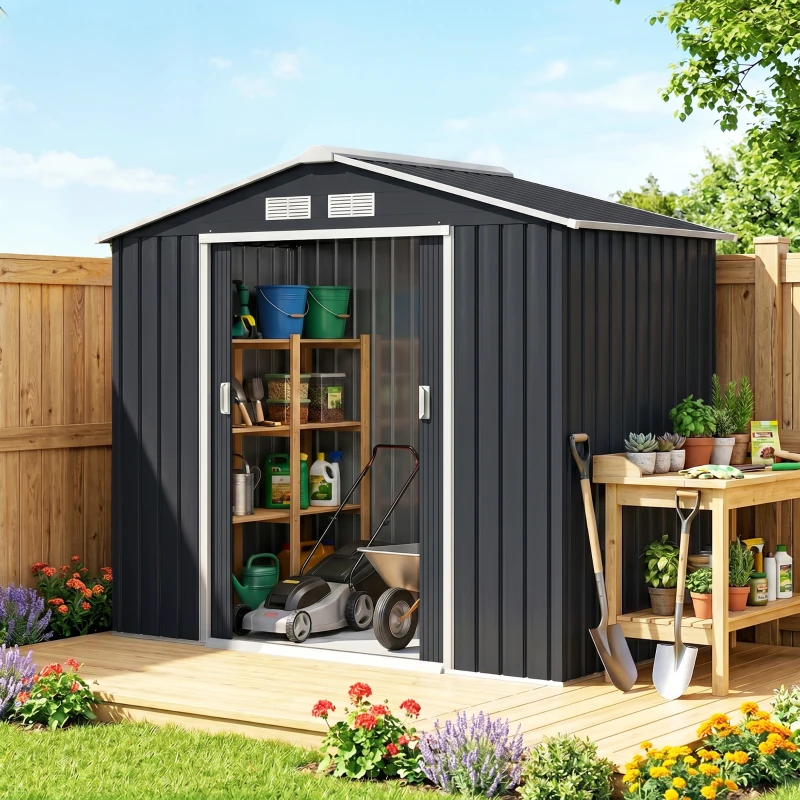 Outsunny Abri de Jardin 2,77 m² - Remise pour Outils avec Fondation - cabanon Porte verrouillable - tôle d'acier Gris