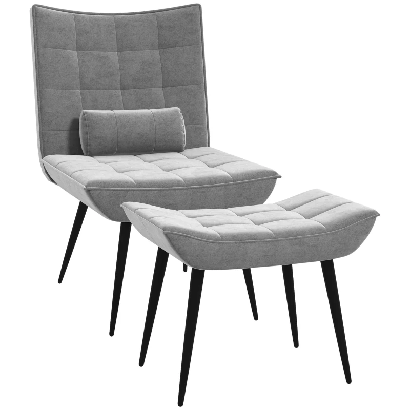HOMCOM Accent Chair with Footstool Set, Tufted Upholstered Armless Lounge Chair with Pillow and Steel Legs for Living Room, Bedroom, Grey