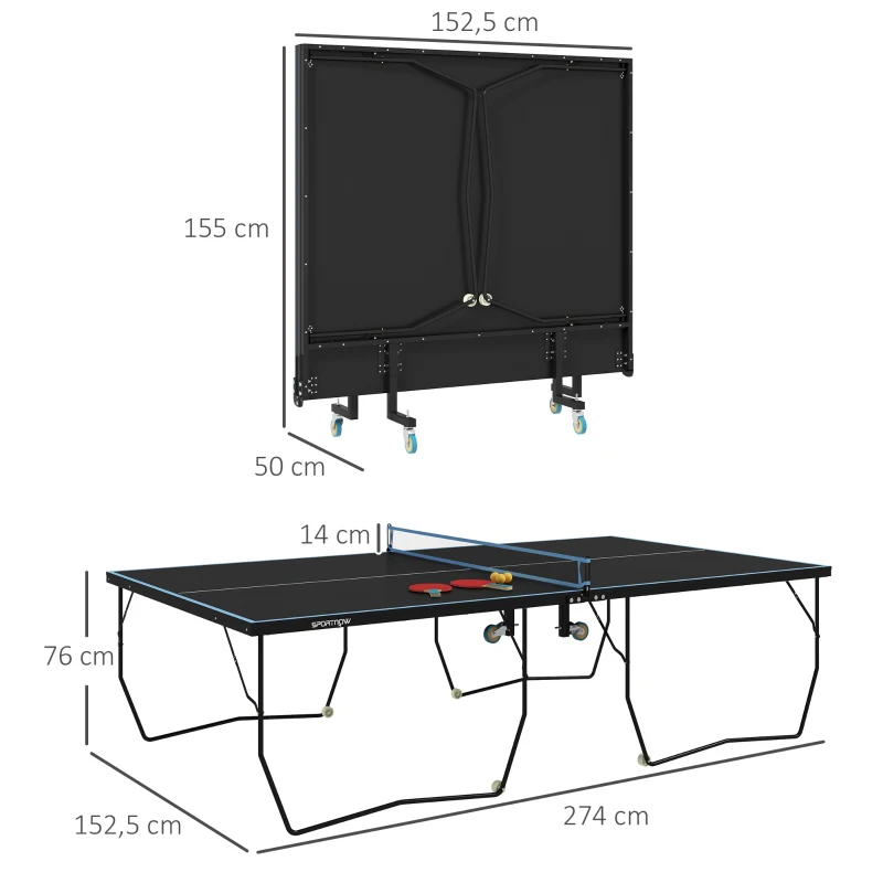 SPORTNOW Mesa de pingue-pongue, dobrável, 8 rodas, estrutura em aço com pintura a pó, MDF, 274 x 152,5 x 76 cm, preto