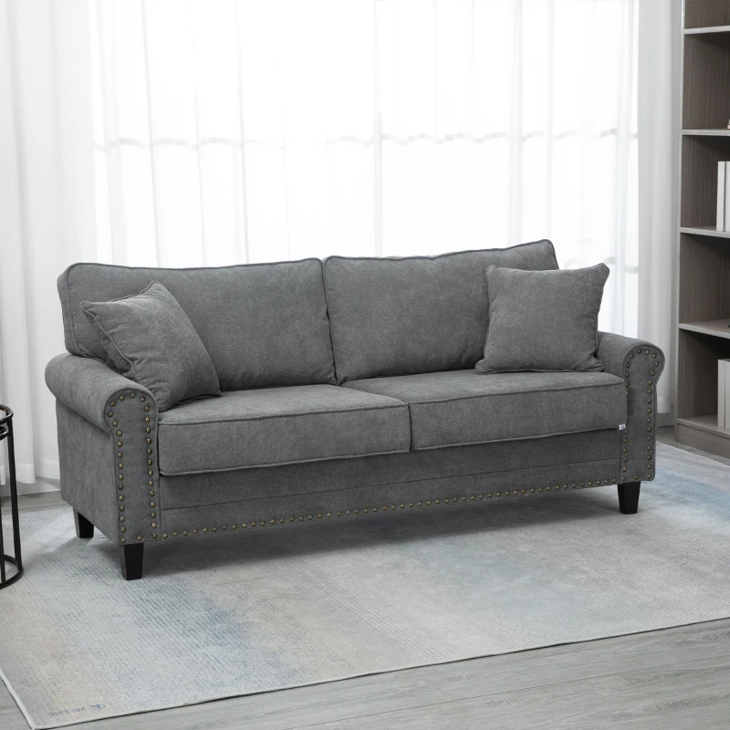 HOMCOM Sofá de 3 Plazas con Tachuelas Oro Envejecido Tapizado en Poliéster con 2 Cojines Decorativos 196x80,5x89 cm Gris