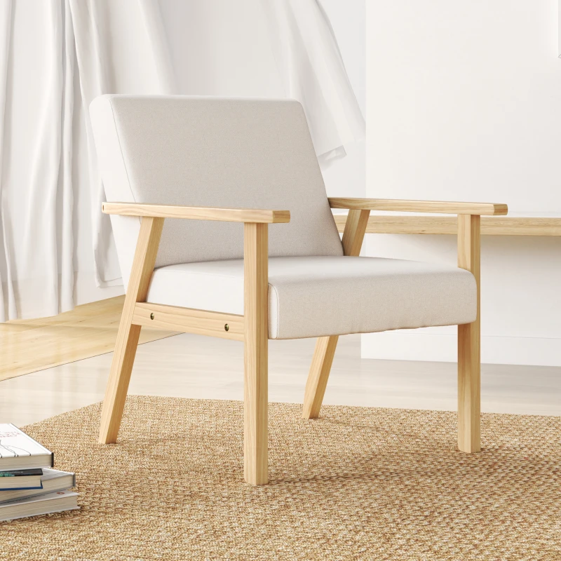 HOMCOM Poltrona d'Arredo in Stile Scandinavo in Legno di Pino con 2 Cuscini, 64x70x72 cm, Crema e color Legno