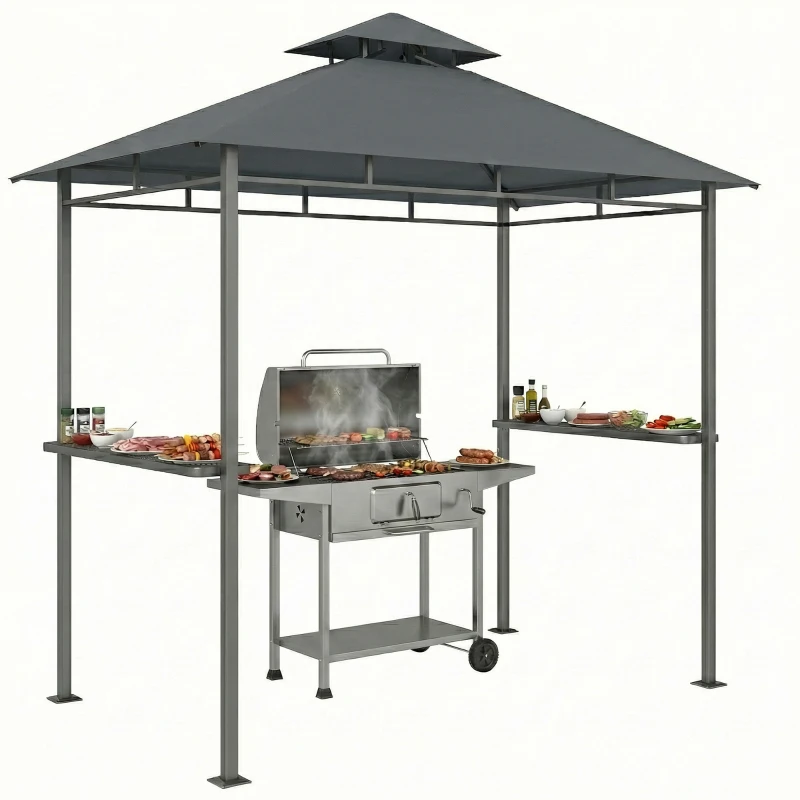 Outsunny Grillpavillon 2,4 x 1,4 m, Windfest Grillüberdachung mit Doppeldach Lüftungsöffnung Seitenregalen