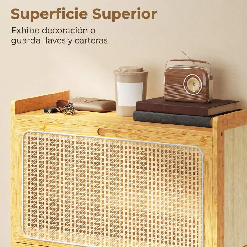 HOMCOM Zapatero Estrecho de Bambú con 2 Cajones Abatibles de Ratán para 12-14 Pares de Zapatos 69x29x83 cm Natural