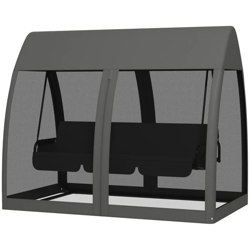 Outsunny Dondolo da Giardino 2 in 1 Convertibile in Letto con Cuscini e Zanzariera, 240x140x197 cm, Grigio