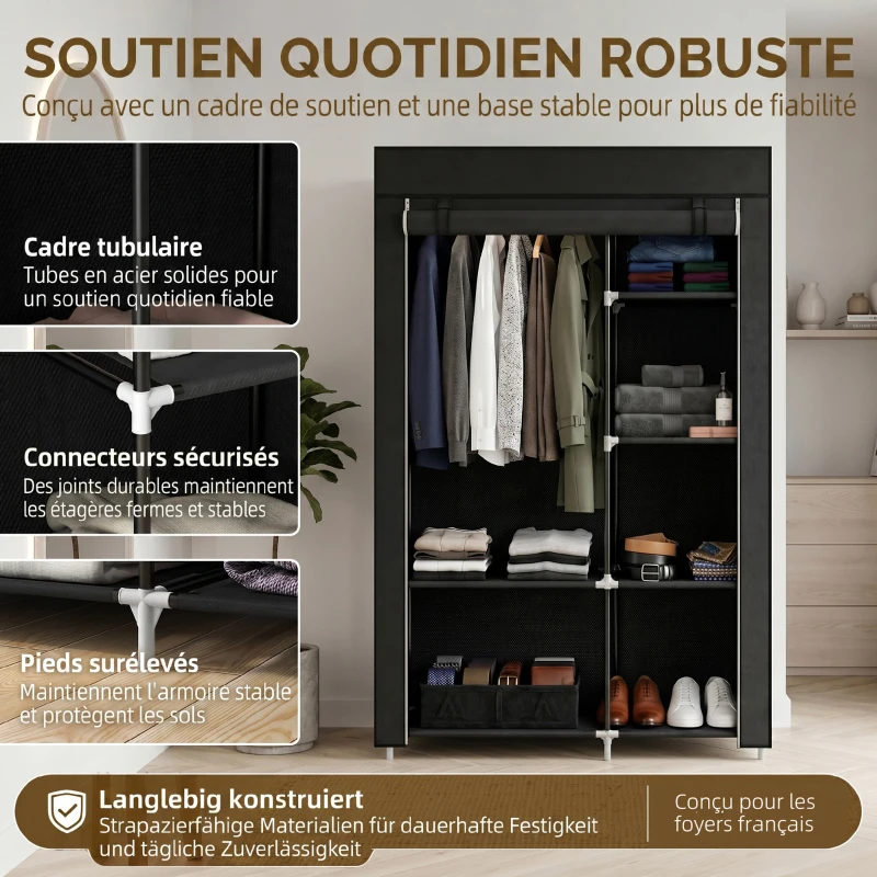 HOMCOM Armoire penderie multi-rangement - 6 étagères, 1 barre - non tissé noir