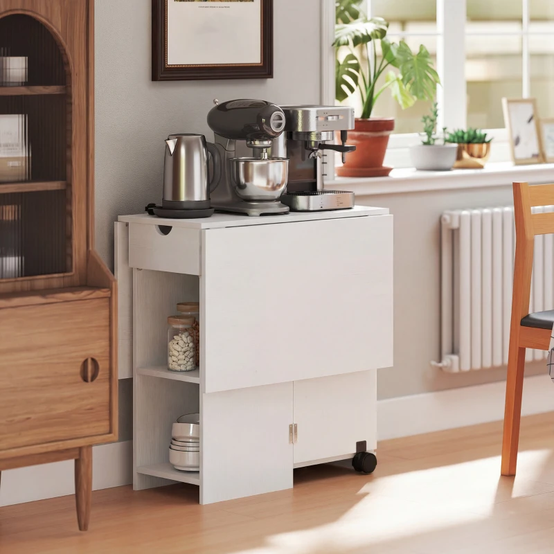 HOMCOM Mesa de Cocina Plegable con Ruedas Alas Abatibles Cajón y Estantes para 2-4 Personas 120x72x75 cm Blanco