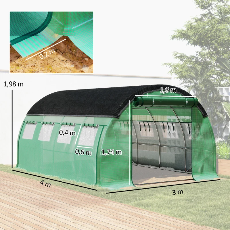 Outsunny Estufa túnel 4 x 3 x 2 m com rede de proteção solar, laterais enroláveis, cobertura plástica, estrutura em aço, verde