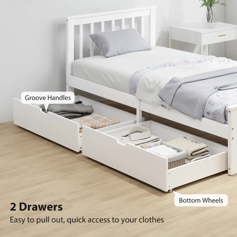 HOMCOM Wooden Single Bed Frame, with Drawers - White