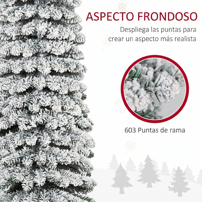 HOMCOM Árbol de Navidad Estrecho Nevado 240 cm con 603 Ramas y Soporte de Metal Plegable para Salón Interior Verde