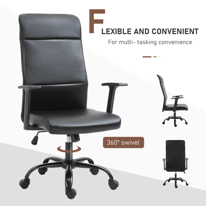 Vinsetto High Back Office Chair, Faux Leather Computer Desk Chair with Adjustable Height, Armrests, Swivel Wheels, Black