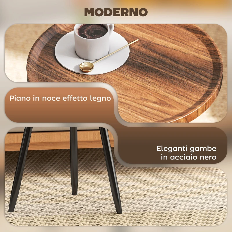 HOMCOM Tavolino da Caffè Rotondo con Bordo Rialzato e 3 Gambe, in Legno e Acciaio, Ø40x39 cm, Nero e color Legno
