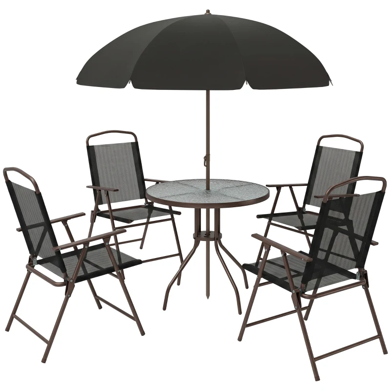 Outsunny Ensemble Salon de Jardin 6 pcs - Table Ronde + 4 chaises Pliables + Parasol - Acier époxy café textilène Polyester Noir