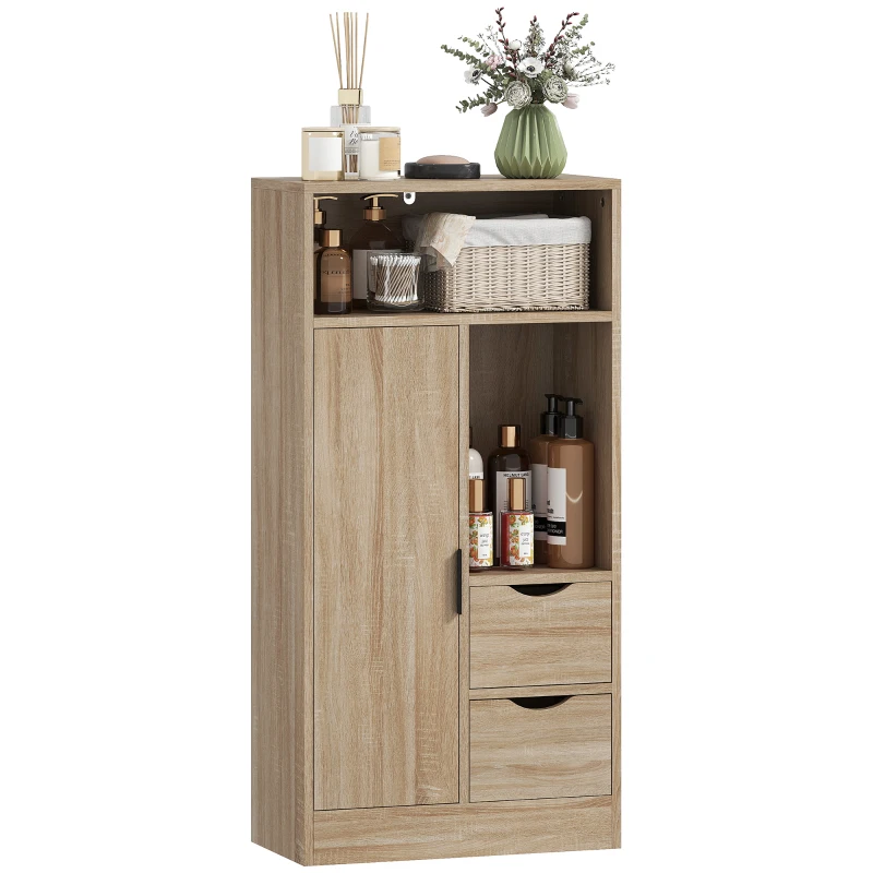 HOMCOM Meuble de salle de bain, meuble de rangement étroit avec 2 tiroirs, compartiments ouverts, 50x25x100cm, bois naturel
