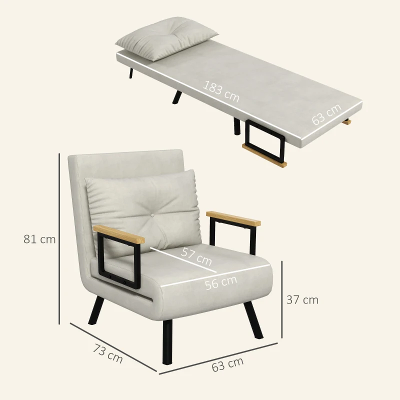 HOMCOM Fauteuil convertible 4 en 1 lit 1 place dossier 5 positions, accoudoirs en bois et coussin, tissu effet velours, crème