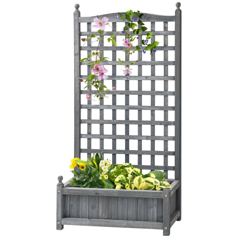 Outsunny Garden Planters with Trellis for Climbing Vines, Wood Raised Beds for Garden, Flower Pot, Indoor Outdoor, Grey