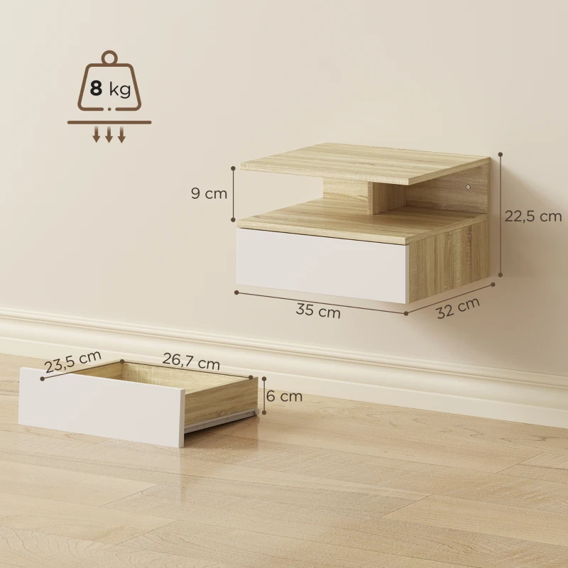 HOMCOM Set da 2 Comodini Sospesi con Cassetto e Ripiano Superiore, in Legno, 35x32x22.5 cm, Bianco e Rovere