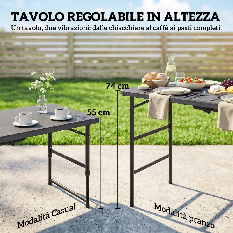 Outsunny Set Tavolo Regolabile e 4 Sedie da Giardino Pieghevoli in HDPE Effetto Legno, Grigio Scuro