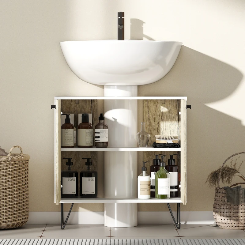kleankin Mueble para Debajo del Lavabo Armario Bajo con 2 Puertas Estante y Patas de Acero 60x30x60 cm Roble y Blanco