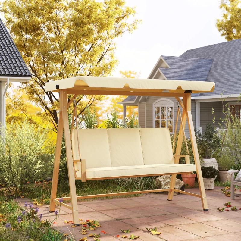 Outsunny Dondolo da Giardino 3 Posti con Tettuccio Regolabile e Cuscini, 195x120x170 cm, Beige